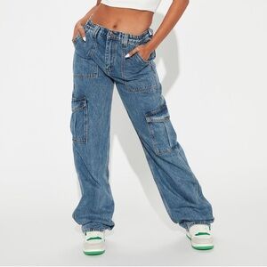 Fashion Nova Mid-Blue Cargo Wide Leg Jeans
